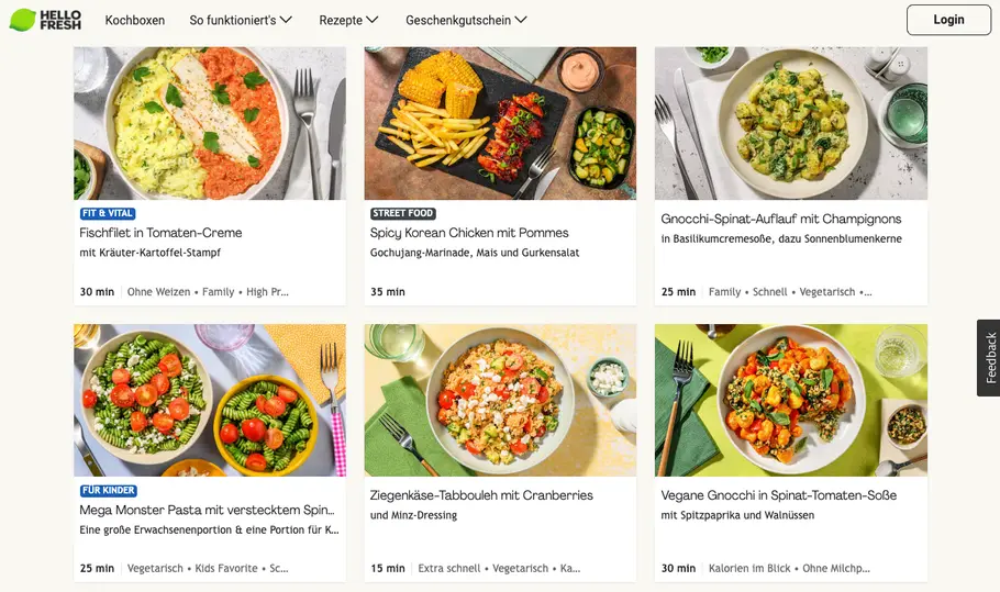 Die Menüauswahl auf der Website von HelloFresh