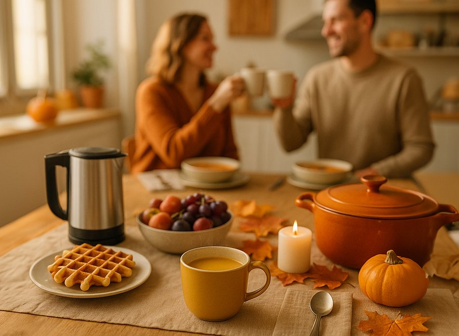 Ein orange-gedeckter Tisch mit Waffeln, Früchten, Suppe und Heißgetränk, zwei Menschen stoßen fröhlich mit Tassen an.