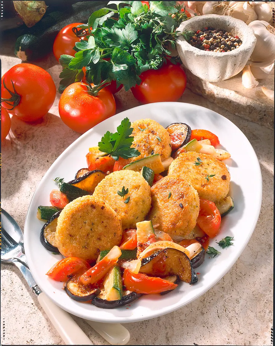 Hirsefrikadellen auf Ratatouille Rezept Hirsefrikadellen auf Ratatouille Rezept