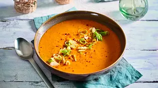Cremige Röstpaprika-Suppe in einer braunen Schale, garniert mit Frühlingszwiebeln und Gewürzen, auf einem türkisfarbenen Stoffserviette serviert. - Foto: LECKER @ Bauer Media Group Cremige Röstpaprika-Suppe in einer braunen Schale, garniert mit Frühlingszwiebeln und Gewürzen, auf einem türkisfarbenen Stoffserviette serviert. - Foto: LECKER @ Bauer Media Group