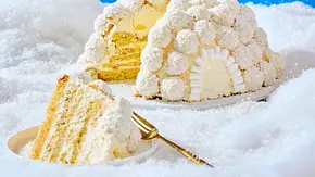 Kuppelförmiger Kokos-Iglu-Maulwurfkuchen, mit Kokoskugeln dekoriert und cremiger Füllung, auf einer weißen Platte angerichtet, daneben ein angeschnittenes Kuchenstück auf einem runden Teller mit goldener Gabel. - Foto: LECKER @ Bauer Media Group