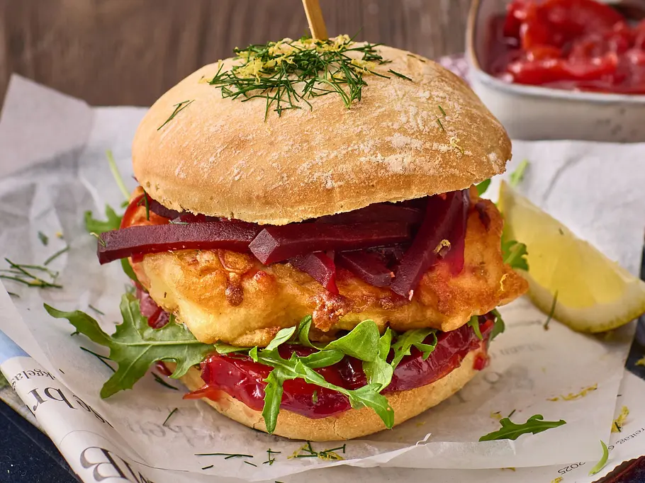 Knuspriger Backfisch-Burger im Brötchen mit Rote-Bete-Pickles und Salat auf einem Teller, dazu Zitronenspalte und ein Glas Bier mit Schaumkrone.
