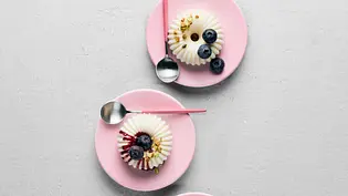 Drei kleine Joghurt-Pannacotta auf rosa Tellern, mit Beerensoße und frischen Blaubeeren dekoriert, daneben auf einem rosa Unterteller eine Schale mit weiteren Blaubeeren. - Foto:  House of Food / StockFood Studios / Meike Bergmann 