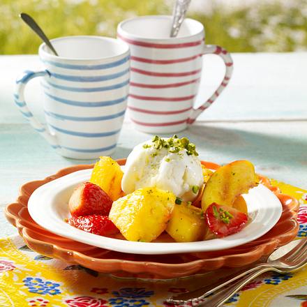 Honig-Früchte vom Grill mit Zitronensorbet Rezept