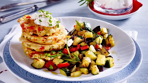 Hüttenkäsetaler mit mediterranem Gemüse. - Foto: LECKER @ Bauer Media Group Hüttenkäsetaler mit mediterranem Gemüse. - Foto: LECKER @ Bauer Media Group