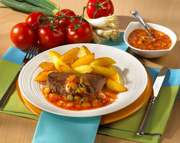 Huftsteak mit Pfirsichsoße Rezept Huftsteak mit Pfirsichsoße Rezept