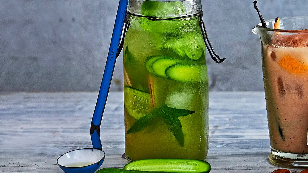 Iced Matcha in einem hohen Glas mit Scheiben von Snackgurken und Minzeblättern. - Foto: LECKER @ Bauer Media Group Iced Matcha in einem hohen Glas mit Scheiben von Snackgurken und Minzeblättern. - Foto: LECKER @ Bauer Media Group