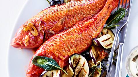 Im Ofen gebackene Rotbarben mit gegrillter Aubergine Rezept - Foto: House of Food / Bauer Food Experts KG
