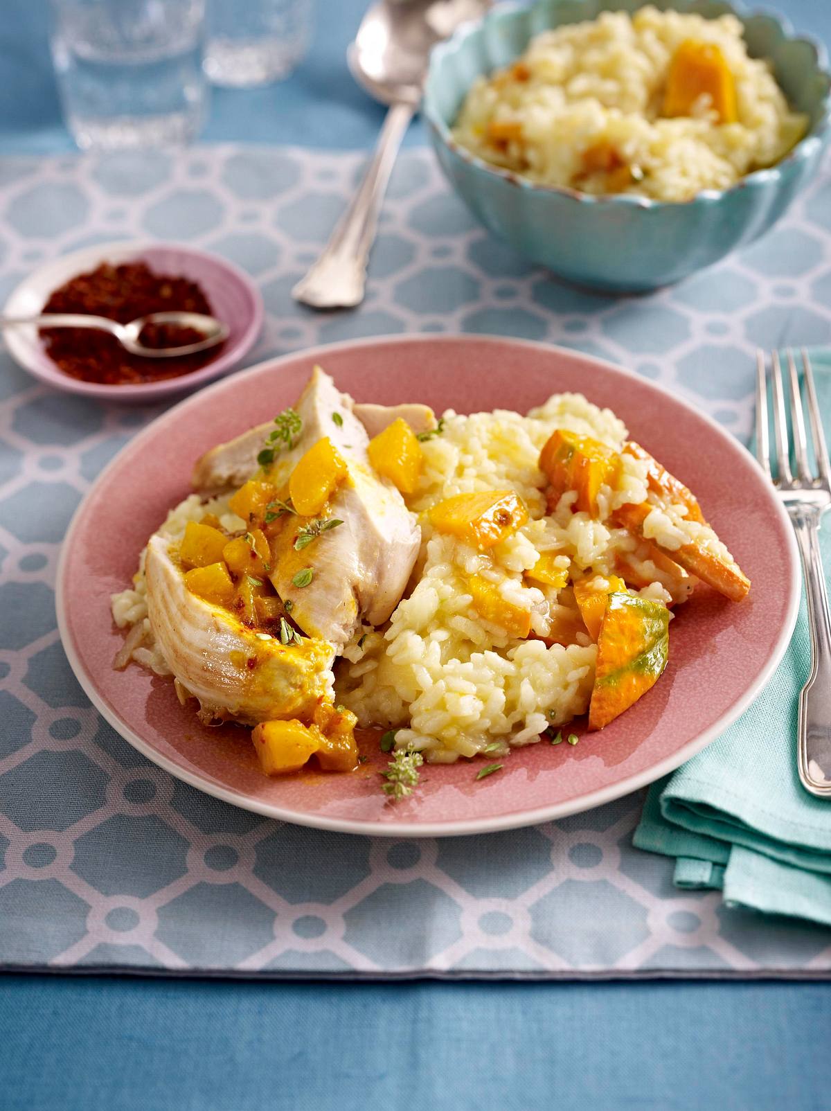 In Mineralwasser gebratenes Hähnchenfilet zu Kürbisrisotto Rezept