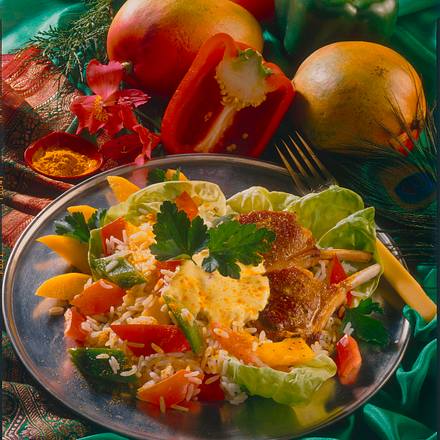 Indischer Reissalat mit Lammstielkotelett Rezept Indischer Reissalat mit Lammstielkotelett Rezept
