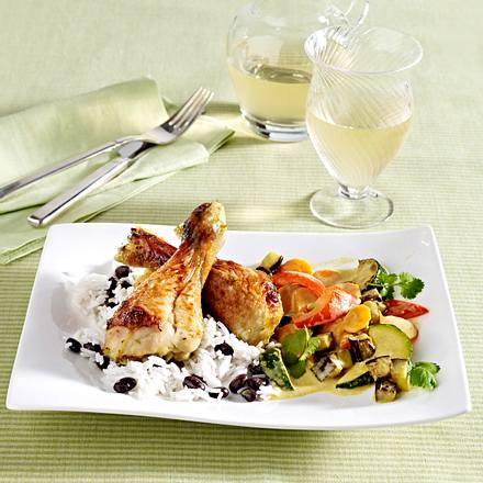 Jerk-Chicken, Rice and Peas und Veggie-Curry Rezept