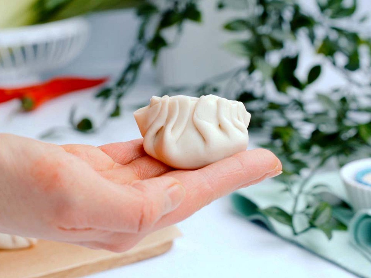 Fertig gefaltete Jiaozi liegt in der Hand