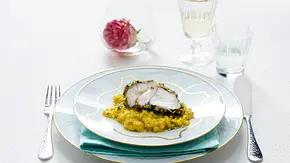 Johann Lafer: Seeteufelfilet im Kräuter-Nuss-Mantel mit Orangen-Safran Perlgraupen (Vorspeise) Rezept - Foto: LECKER @ Bauer Media Group Johann Lafer: Seeteufelfilet im Kräuter-Nuss-Mantel mit Orangen-Safran Perlgraupen (Vorspeise) Rezept - Foto: LECKER @ Bauer Media Group