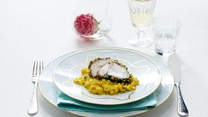 Johann Lafer: Seeteufelfilet im Kräuter-Nuss-Mantel mit Orangen-Safran Perlgraupen (Vorspeise) Rezept - Foto: House of Food / Bauer Food Experts KG