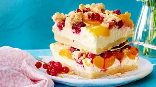 Zwei Stücke Johannisbeer-Aprikosen-Kuchen vom Blech übereinander gelegt auf einem weißen Teller - Foto: LECKER @ Bauer Media Group Zwei Stücke Johannisbeer-Aprikosen-Kuchen vom Blech übereinander gelegt auf einem weißen Teller - Foto: LECKER @ Bauer Media Group