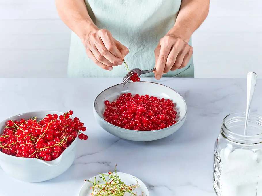 Johannisbeeren mithilfe einer Gabel von den Rispen streifen Johannisbeeren mithilfe einer Gabel von den Rispen streifen