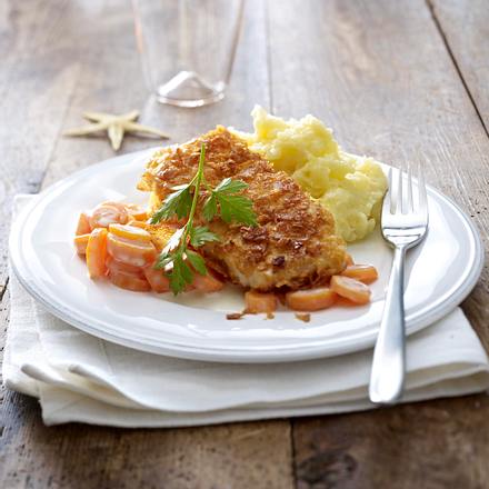 Kabeljau in Cornflakes mit Rahmmöhrchen Rezept Kabeljau in Cornflakes mit Rahmmöhrchen Rezept