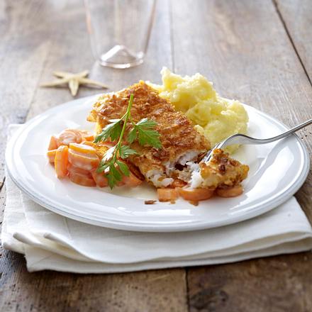 Kabeljau mit Rahmkarotten und Kartoffelpüree Rezept Kabeljau mit Rahmkarotten und Kartoffelpüree Rezept