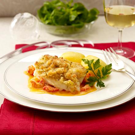 Kabeljau vom Blech mit Weißbrotkruste und Flusskrebs-Soße Rezept