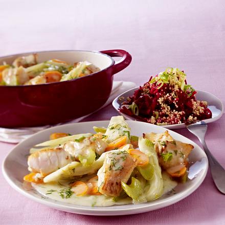 Kabeljaugulasch mit Rote-Bete Hirse Salat Rezept Kabeljaugulasch mit Rote-Bete Hirse Salat Rezept
