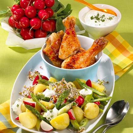 Kartoffel-Radieschen-Salat mit Hähnchenkeulen Rezept Kartoffel-Radieschen-Salat mit Hähnchenkeulen Rezept