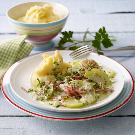 Kartoffelpüree mit Kräuterkohlrabi und Schnippelschinken Rezept Kartoffelpüree mit Kräuterkohlrabi und Schnippelschinken Rezept