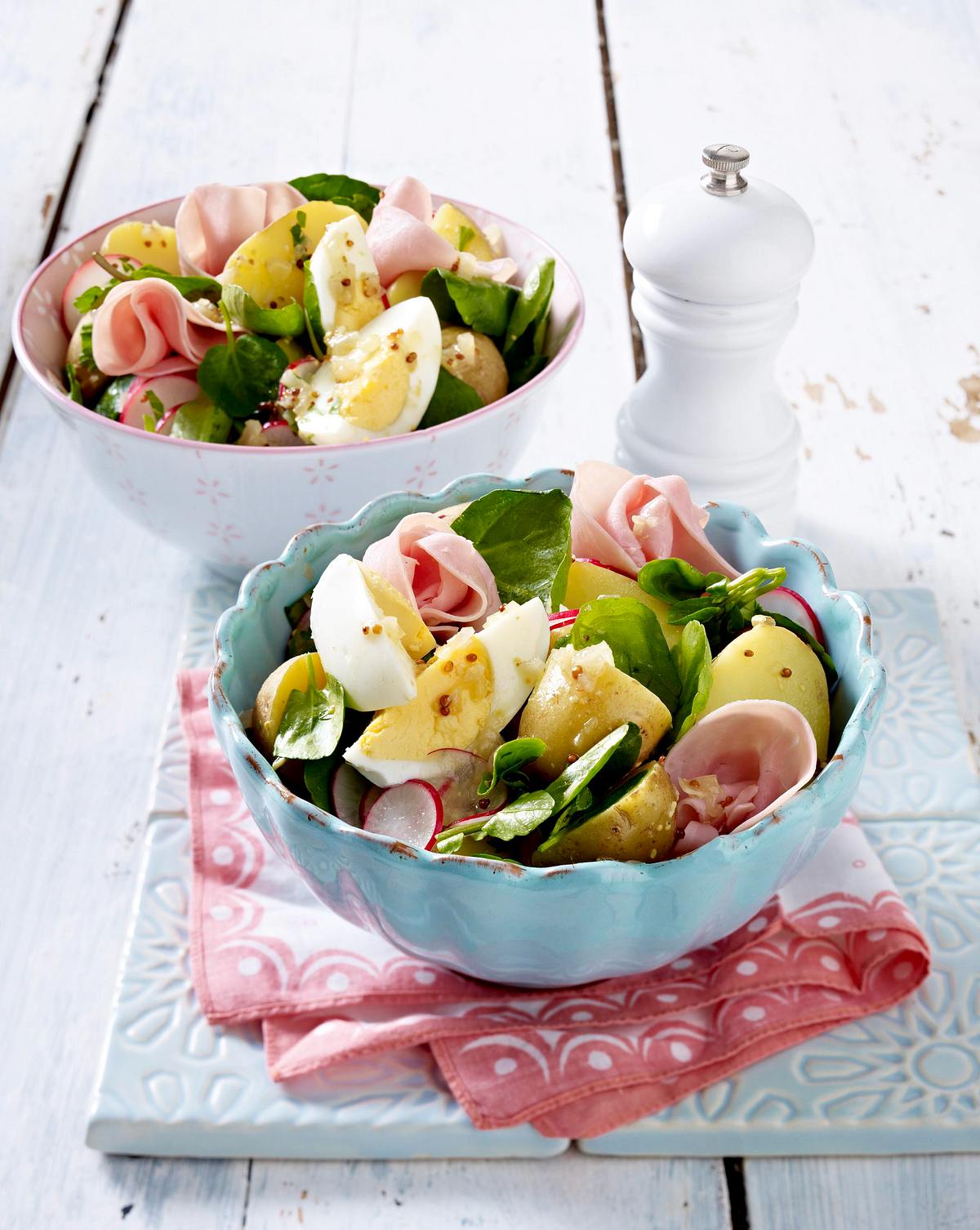 Kartoffelsalat mit Senf-Dressing, Brunnenkresse und Schinken Rezept