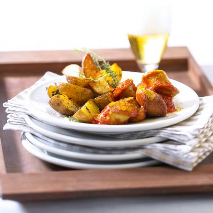 Kartoffelspalten mit Currywurst Rezept