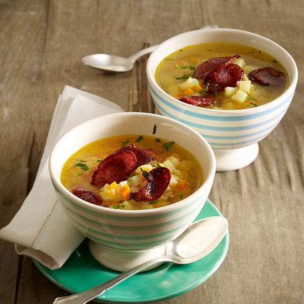 Kartoffelsuppe mit Cabanossi-Chips+Variante Rezept Kartoffelsuppe mit Cabanossi-Chips+Variante Rezept