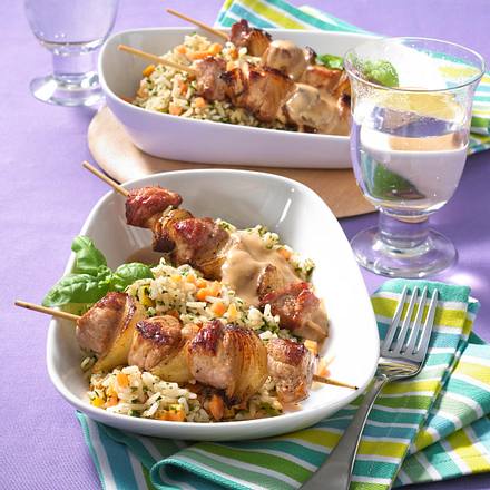 Kerniger Kräuterreis mit Fleischspieß Rezept