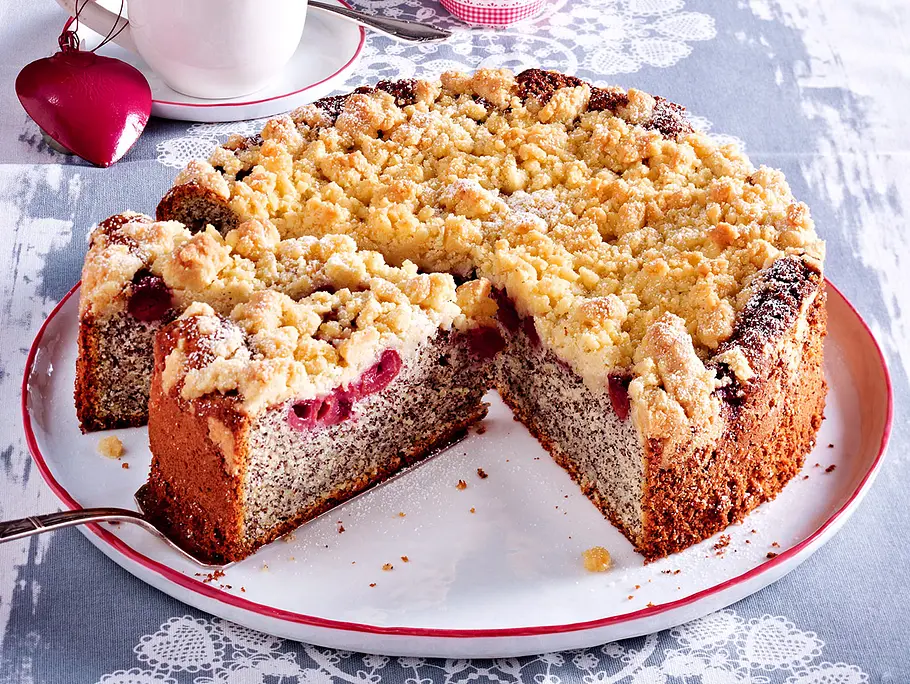 Kirsch-Mohnkuchen mit Zitronenstreuseln Rezept Kirsch-Mohnkuchen mit Zitronenstreuseln Rezept