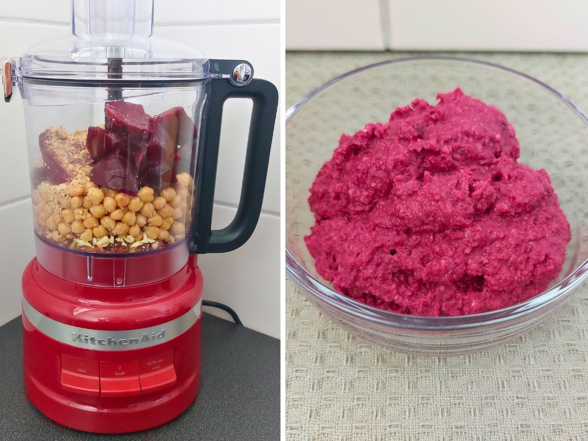 Zutaten für Rote-Bete-Hummus im KitchenAid Food-Processor und fertiges Hummus