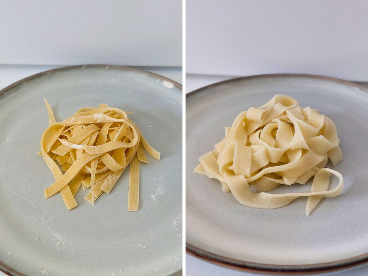 KitchenAid Nudelaufsatz rohe und gekochte Fettuccine