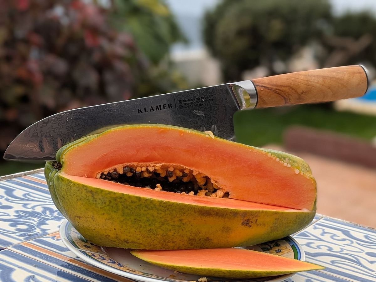 Klamer Santoku Damastmesser Papaya