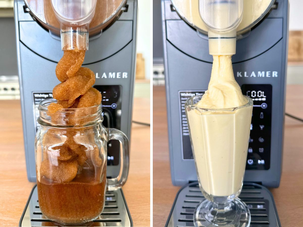 Konsistenz-Test mit der Klamer Slush-Maschine Konsistenz-Test mit der Klamer Slush-Maschine (links mit Cola und rechts mit Solero-Mix)