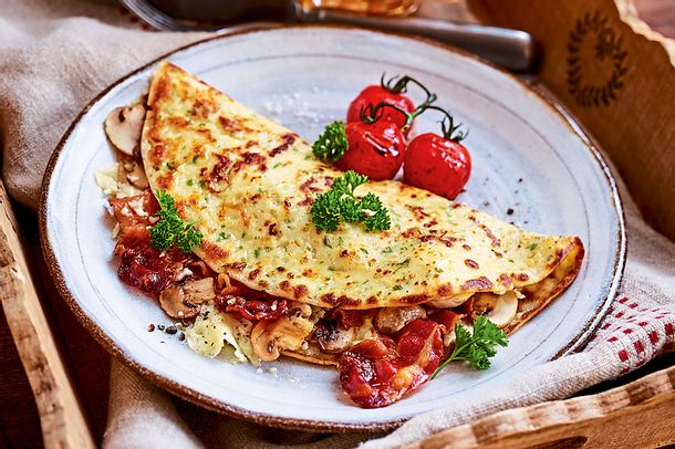 Klappt-schon-Pfannkuchen „Bacon and Cheese“ Rezept
