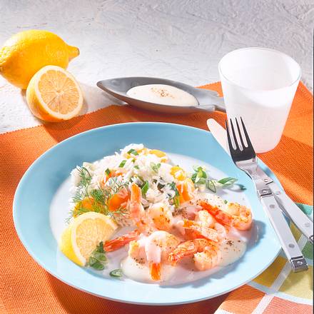 Knoblauch-Scampi mit Möhren-Lauchzwiebel-Reis Rezept
