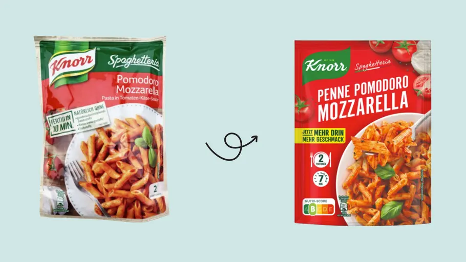Alte und neue Packung von Knorr Penne Pomodoro Mozzarella