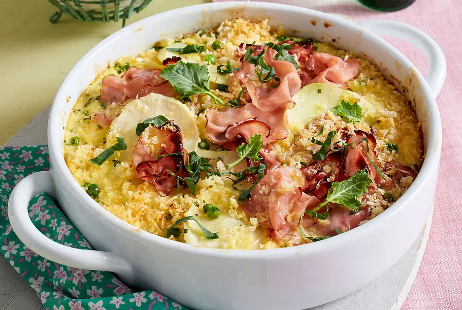 Kohlrabi-Schinken-Gratin mit Erbsen Rezept Kohlrabi-Schinken-Gratin mit Erbsen Rezept
