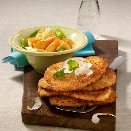 Kokos-Koriander-Schnitzel mit Möhren-Curry und Lauchzwiebeln Rezept Kokos-Koriander-Schnitzel mit Möhren-Curry und Lauchzwiebeln Rezept