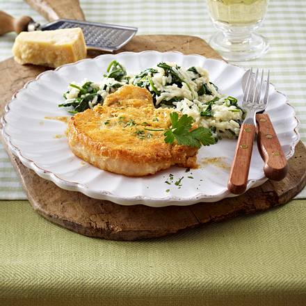Kotelett in Parmesanhülle zu schnellem Risotto Rezept Kotelett in Parmesanhülle zu schnellem Risotto Rezept