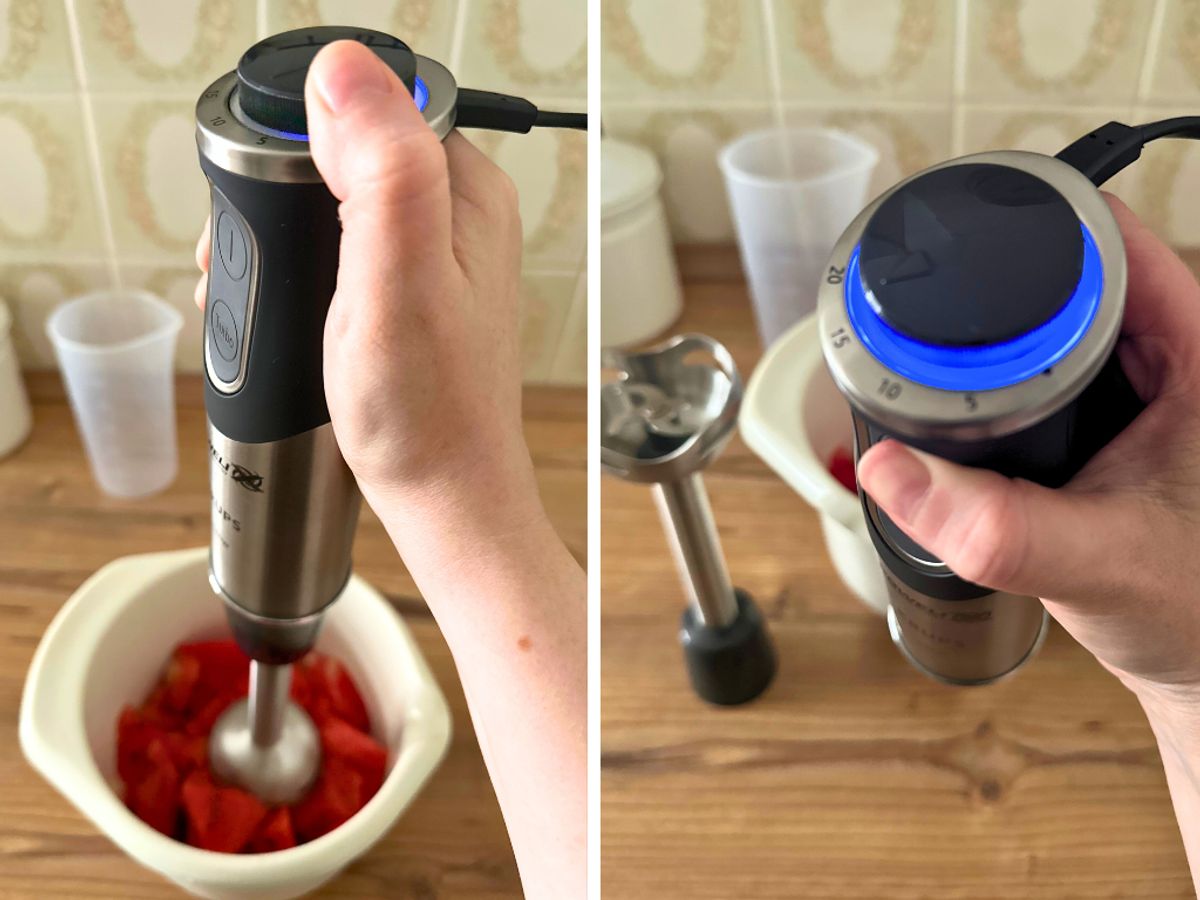Bedienung vom Krups-Stabmixer HZ656815 Links: Eine Hand umfasst den gummierten Handgriff vom Krups Stabmixer HZ656815; rechts: Der LED-Ring um den Drehmechanismus leuchtet blau.