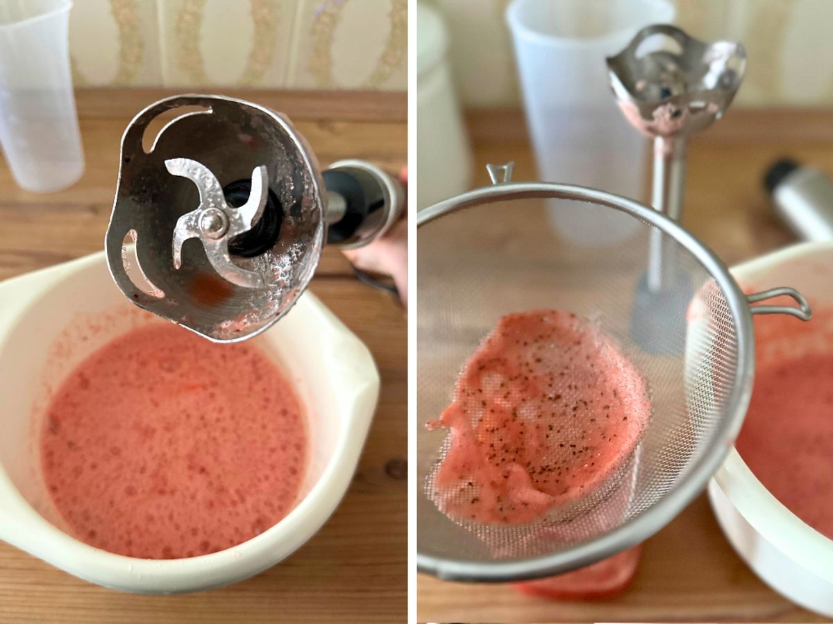 Der Krups-Stabmixer HZ656815 im Test Links: Nahaufnahme vom Mixkopf des Krups-Stabmixers, nachdem er in der Schüssel daneben eine Wassermelone püriert hat; rechts: im Küchensieb sind neben etwas rotem Fruchtfleisch die zerkleinerten schwarzen Melonenkerne sichtbar