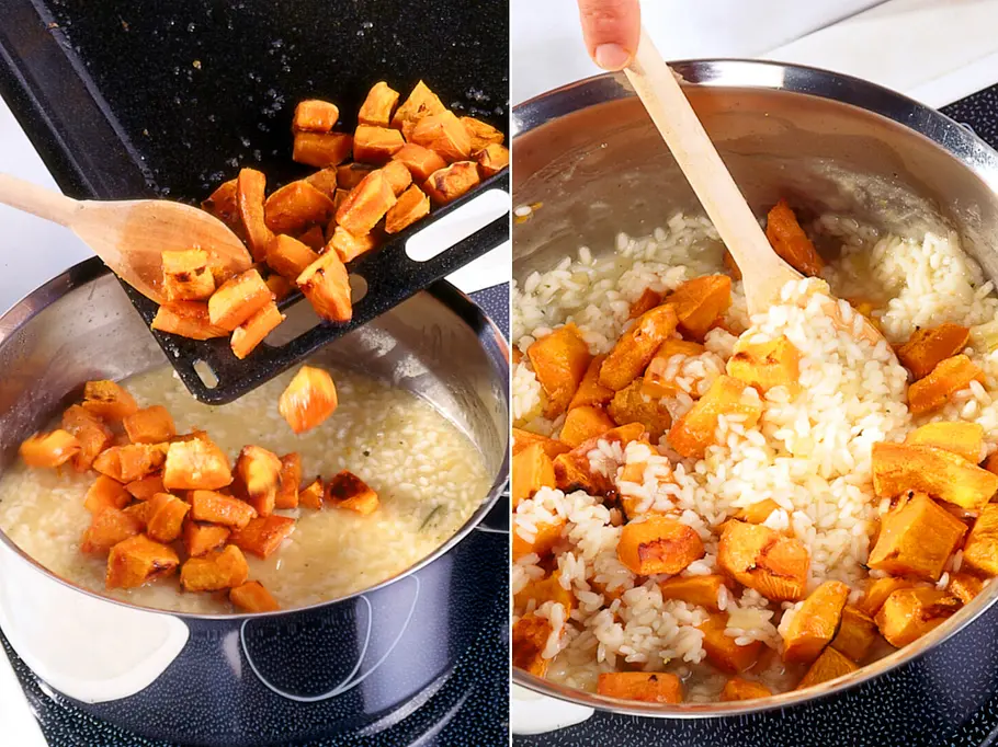 Kürbisrisotto zubereiten Kürbis wird zum Risotto gegeben und untergerührt.