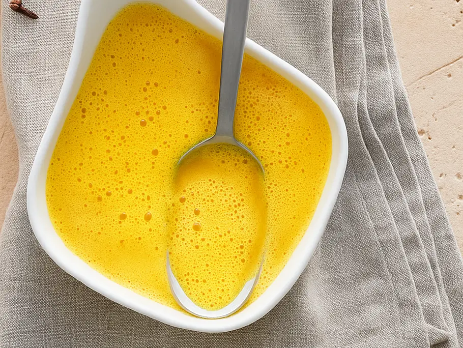 Ein weißes Schälchen, in dem Kürbissuppe 