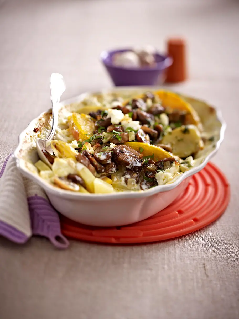 Kürbis-Kartoffel-Auflauf mit Champignon-Haube Rezept Kürbis-Kartoffel-Auflauf mit Champignon-Haube Rezept