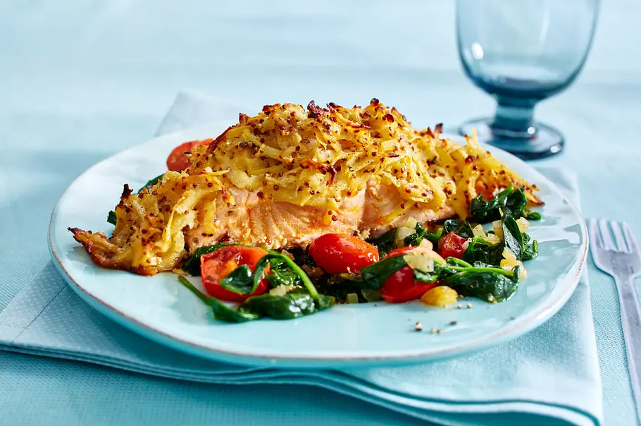 Lachs mit Kartoffel-Senf-Kruste zu Spinatgemüse Rezept Lachs mit Kartoffel-Senf-Kruste zu Spinatgemüse Rezept