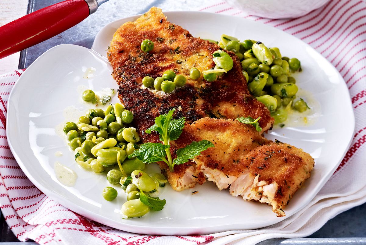 Lachsschnitzel mit grünem Buttergemüse Rezept