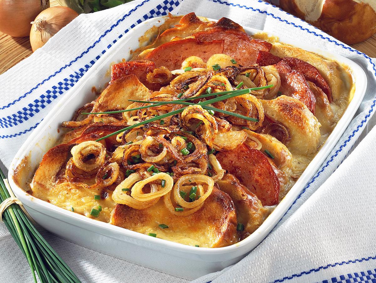 Laugenbrötchen-Fleischkäse-Gratin Rezept