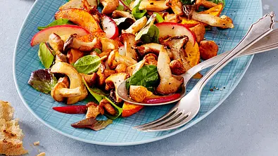 Lauwarmer Pilz-Kürbis-Salat auf einem hellblauen Teller. - Foto: LECKER @ Bauer Media Group Lauwarmer Pilz-Kürbis-Salat auf einem hellblauen Teller. - Foto: LECKER @ Bauer Media Group